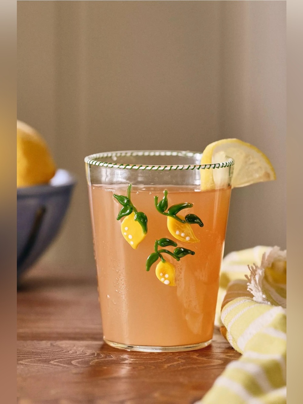 NEW Anthropologie Farmstand Juice Glass Yellow Lemon Green Trim